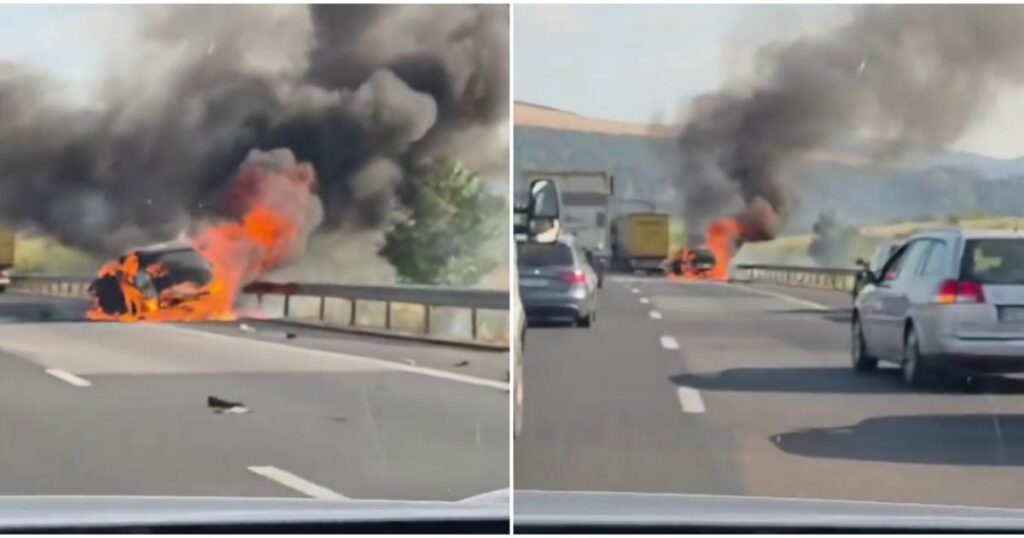 Autoturism cu trei persoane, cuprins de flăcări după un accident pe A1, lângă Săliște. Mașina a lovit remorca unui TIR